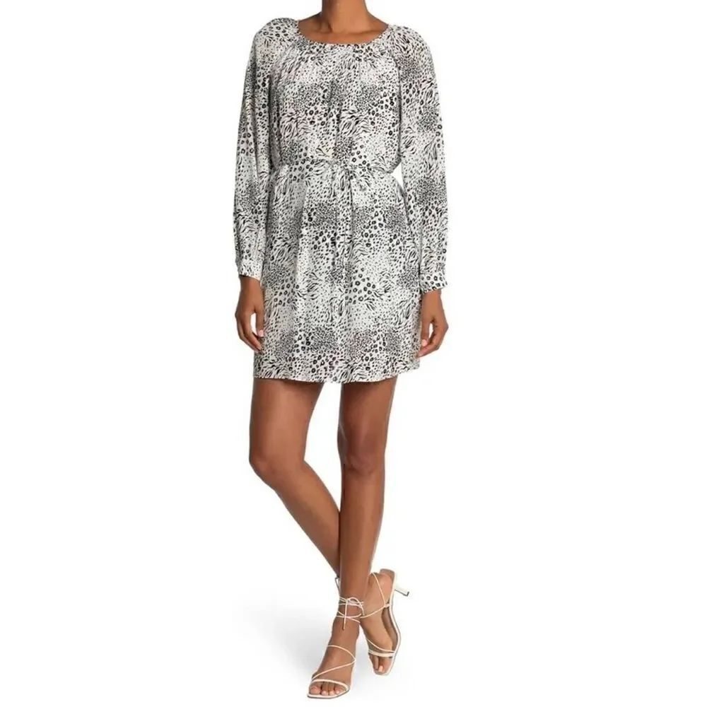 NEW Joie Animata Mixed Animal Print with Blouson  Long-sleeve Mini Dress Small